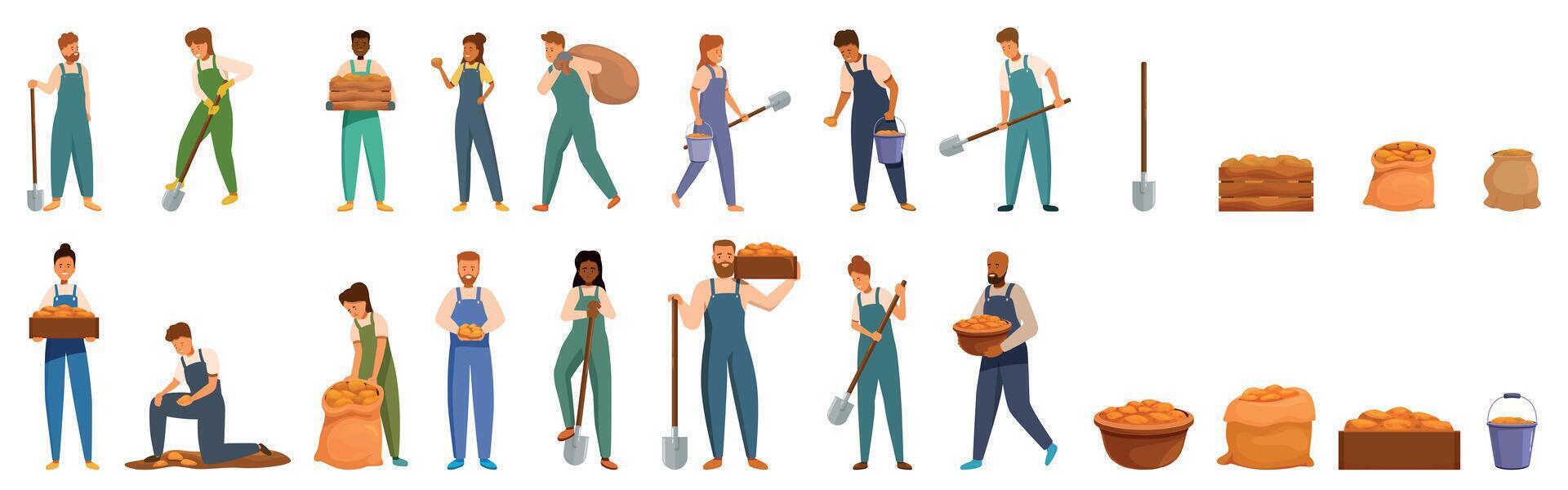 Collecting potatoes icons set. Farmers harvesting potatoes, using shovels and carrying sacks and crates vector