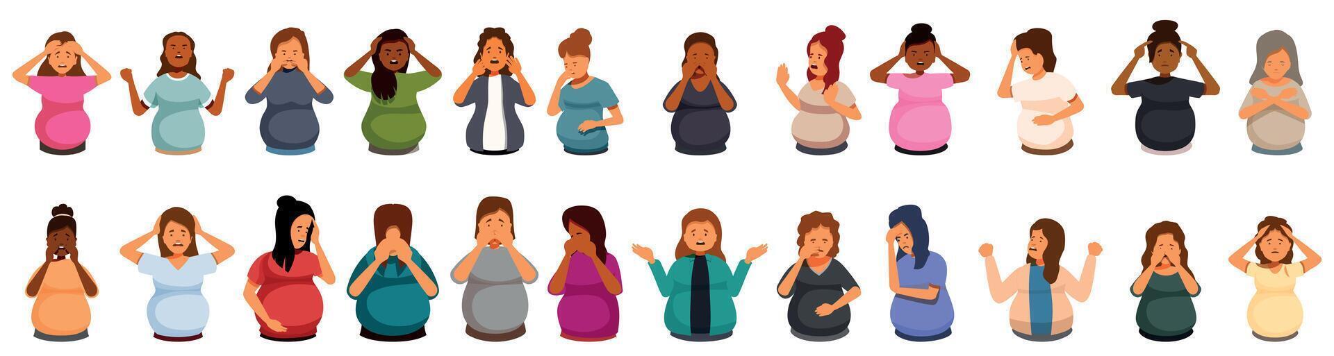Stressed pregnant woman icons set. Pregnant women showing different negative emotions and gestures vector