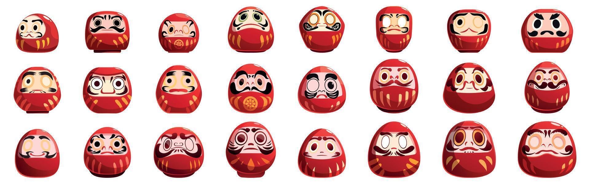 Daruma toy icons set. Daruma dolls showing different expressions and emotions vector