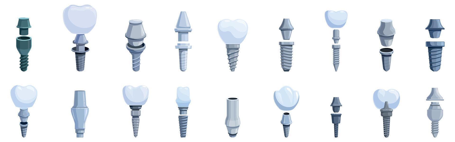 Abutment icons set. Dental implant restoring teeth functionality, different types of artificial tooth roots vector