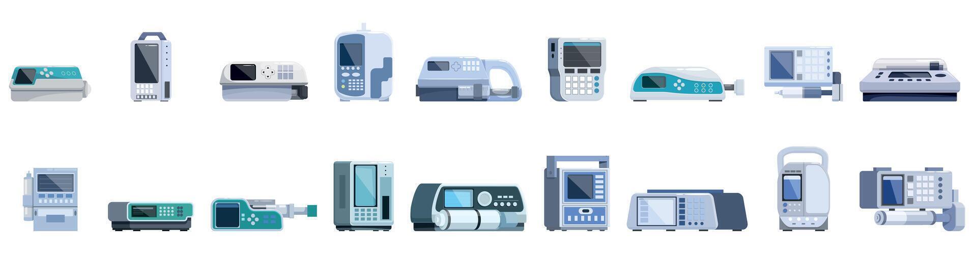 Infusion pump icons set. Infusion pumps delivering consistent medication in modern healthcare settings vector