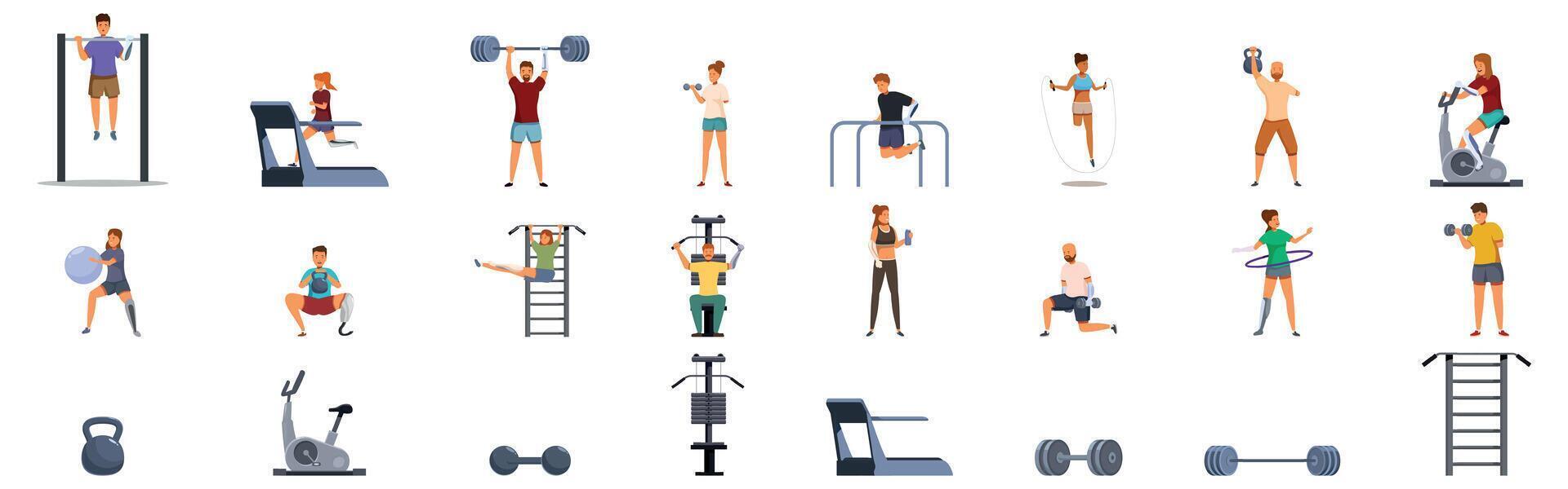 Disabled man gym icons set. People working out using gym equipment and lifting weights vector