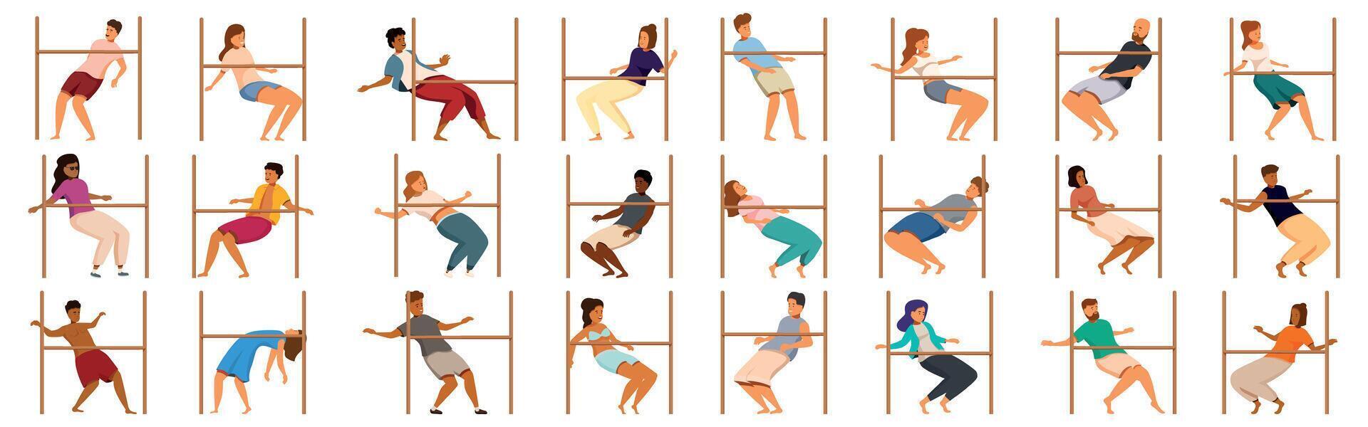 Limbo dance icons set. People passing under horizontal pole, limbo dance competition, flexibility and fun party game vector