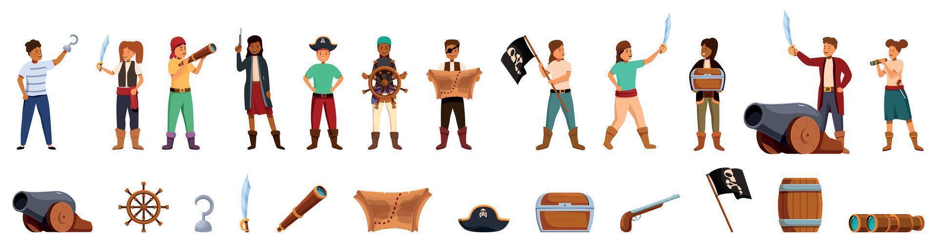 Kids play pirates icons set. Pirates posing with treasure map, spyglass, hook and other buccaneer items vector