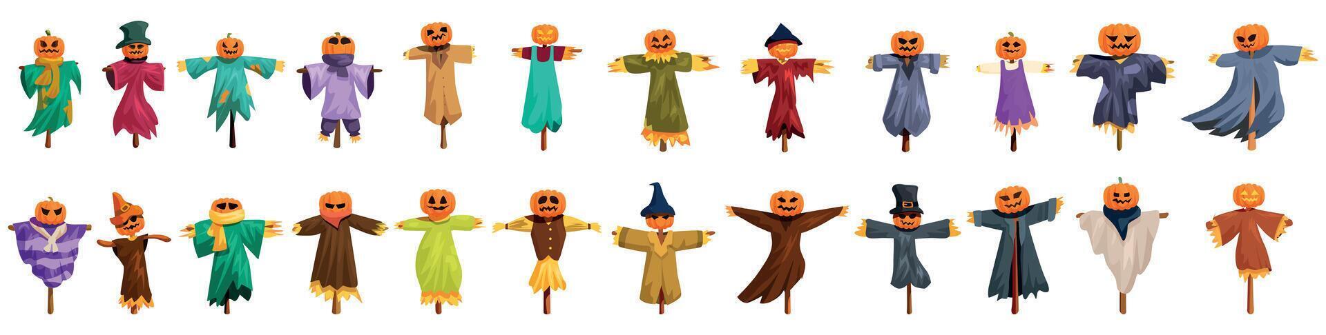Pumpkin scarecrow icons set. Festive halloween scarecrows with pumpkin heads vector