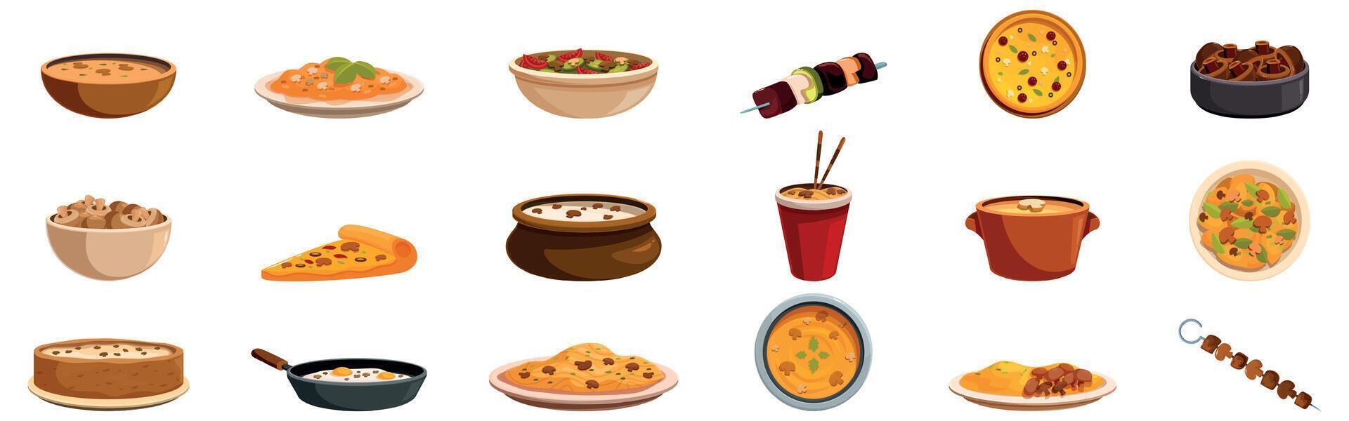 Dishes champignons icons set. Delicious international cuisine featuring various dishes and street food items vector