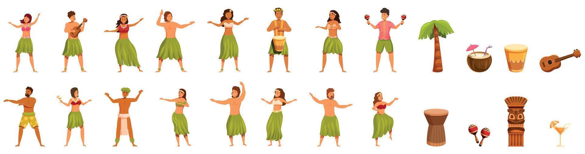 Hawaiian dancer icons set. Traditional hawaiian dance and cultural elements illustration vector