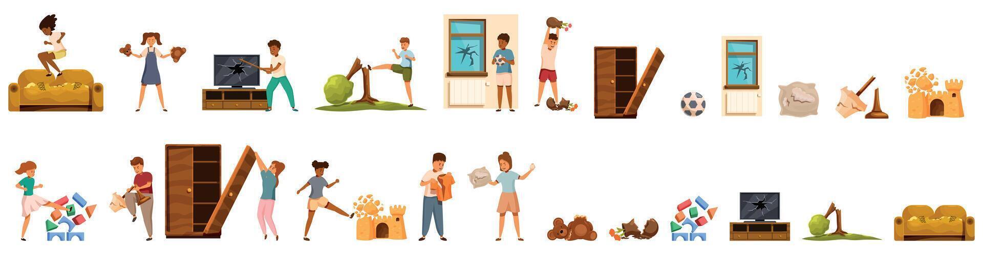 Kids destruction icons set. Kids breaking things, destroying furniture and toys, having tantrums vector