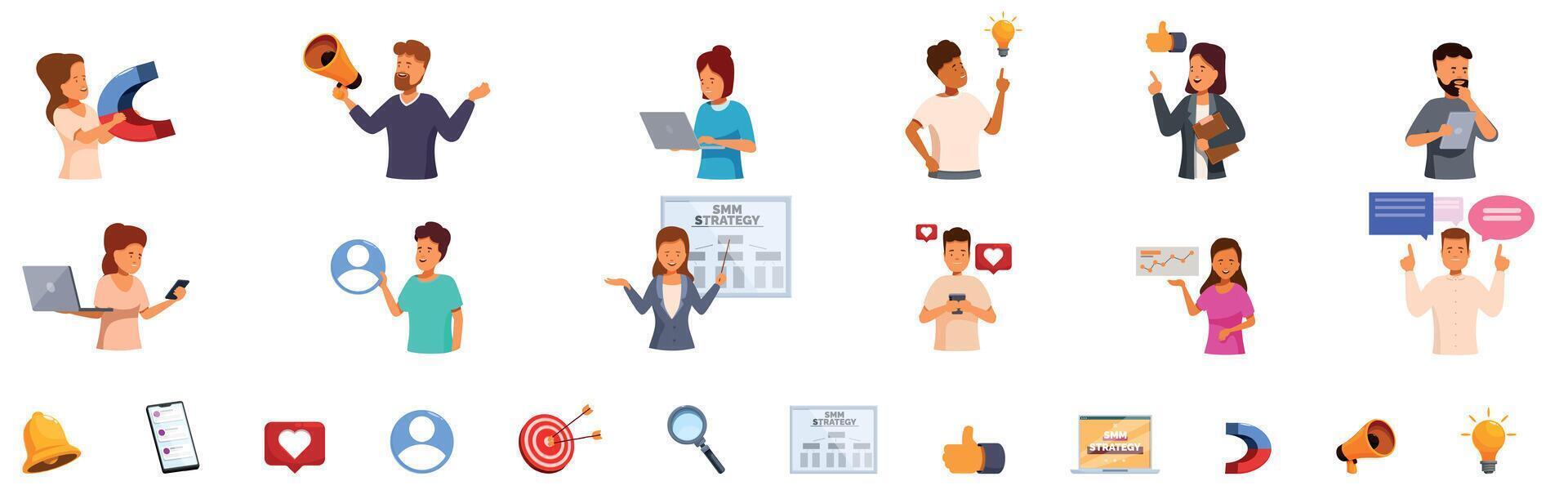 Smm strategy icons set. Marketing team developing smm strategy, attracting clients, advertising products, and presenting ideas vector