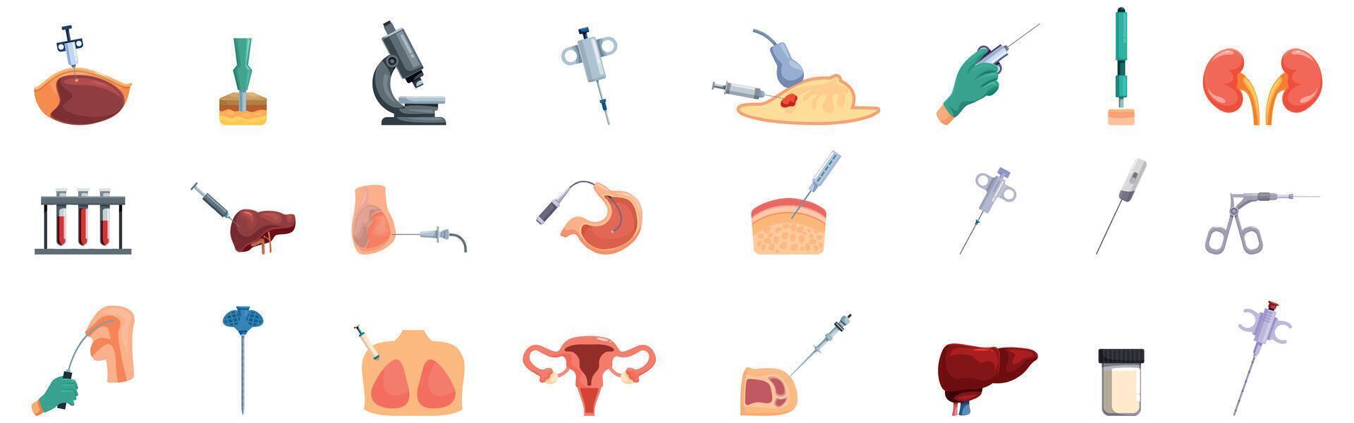 Biopsy icons set. Biopsy procedure, examining tissues with medical instruments and microscopic analysis vector