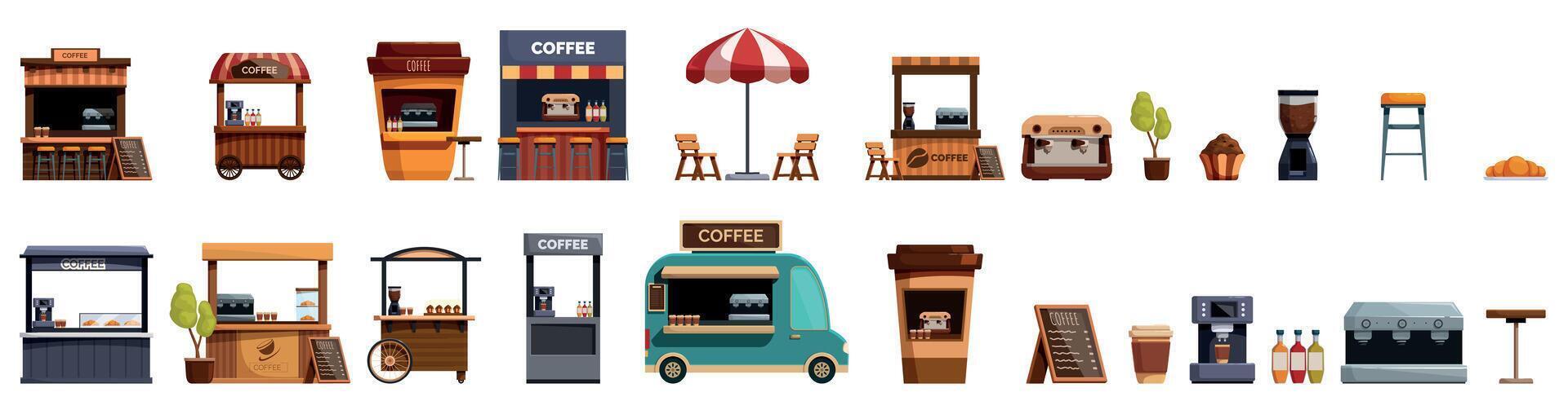 Coffee booth icons set. Coffee shop icons showing small business and beverages vector