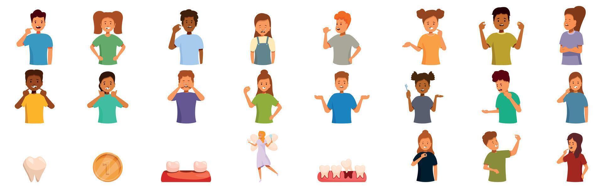 Kids missing tooth icons set. Children showing healthy teeth and gums with tooth fairy and dental hygiene icons vector
