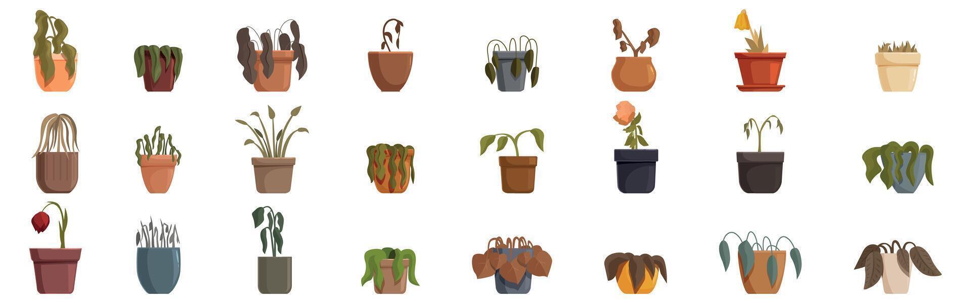 Dead plant pot icons set. Withered houseplants in pots showing lack of care and attention vector