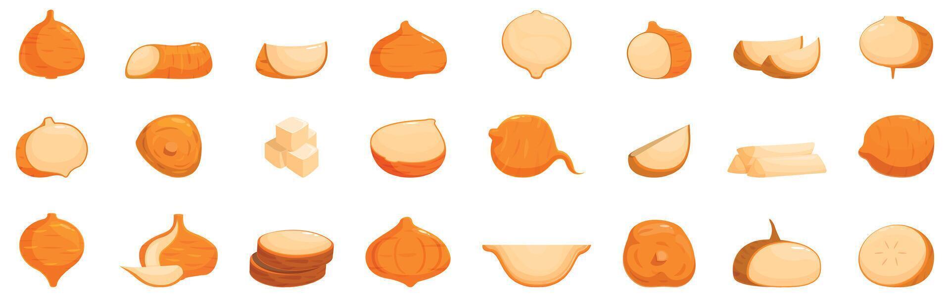 Jicama root icons set. Jicama slices and cubes showcasing freshness and versatility vector
