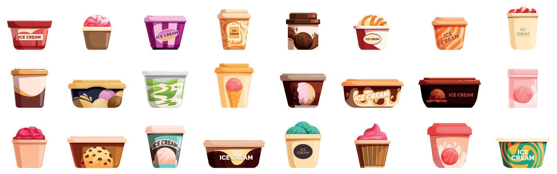 Container ice cream icons set. Variety of colorful ice cream containers displayed vector