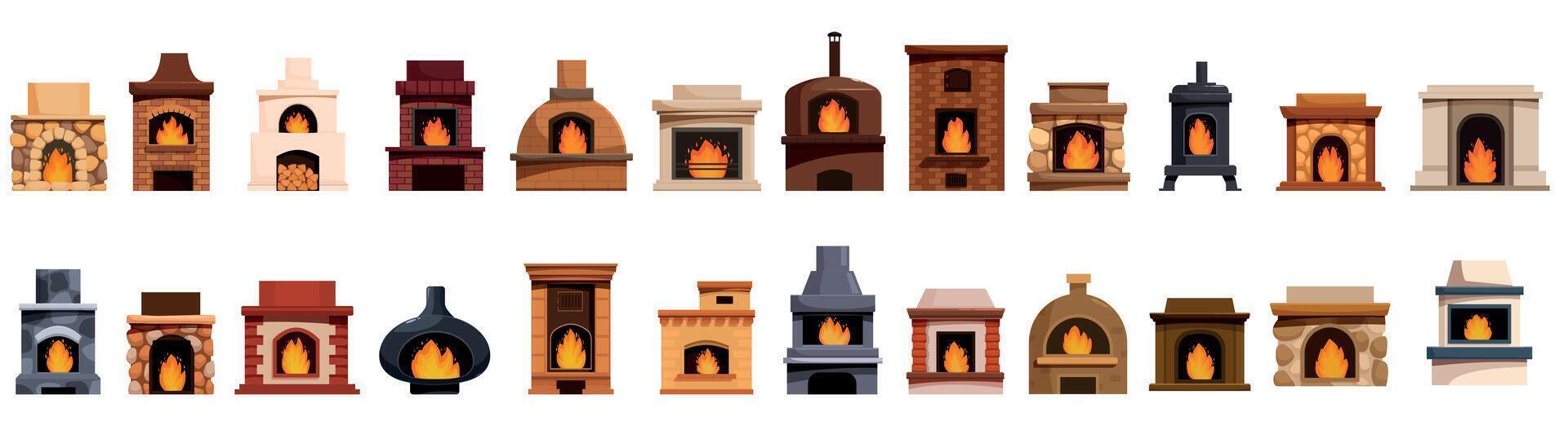 Stone stove icons set. Collection of diverse fireplace designs and styles vector