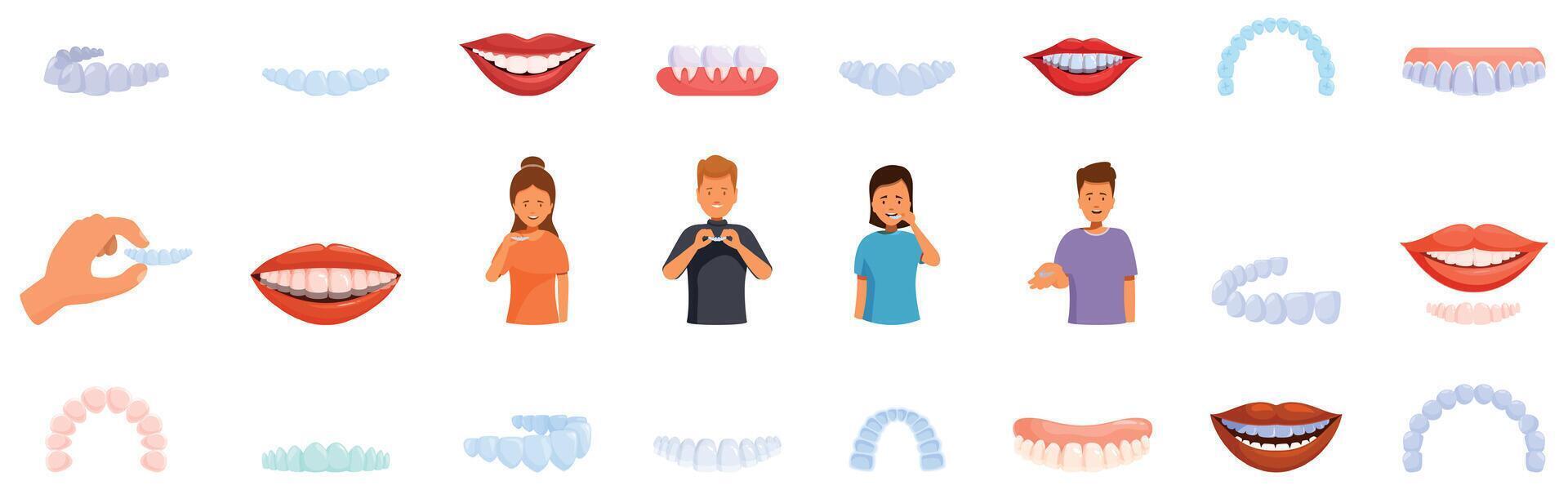 Orthodontic aligner icons set. Patients and doctors using clear aligners for teeth straightening vector