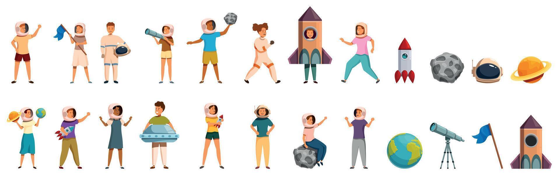 Kids play cosmonaut icons set. Kids playing astronauts, exploring space and planets vector