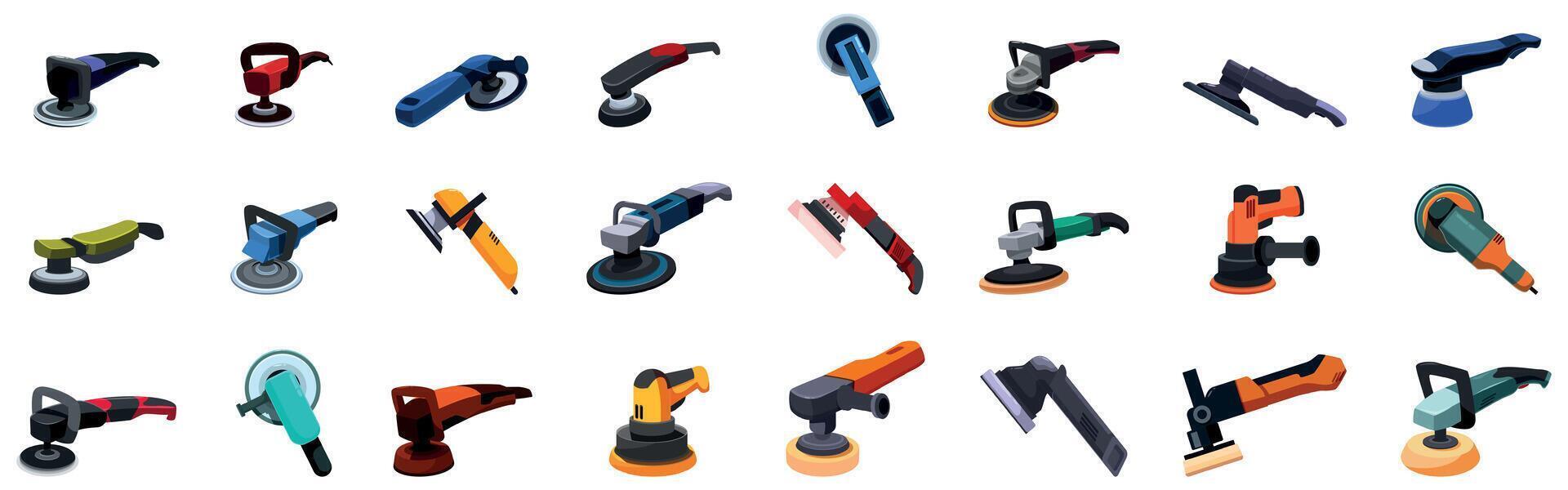 Car polishing machine icons set. Polishing machine collection showing different types of polishers for various surfaces vector