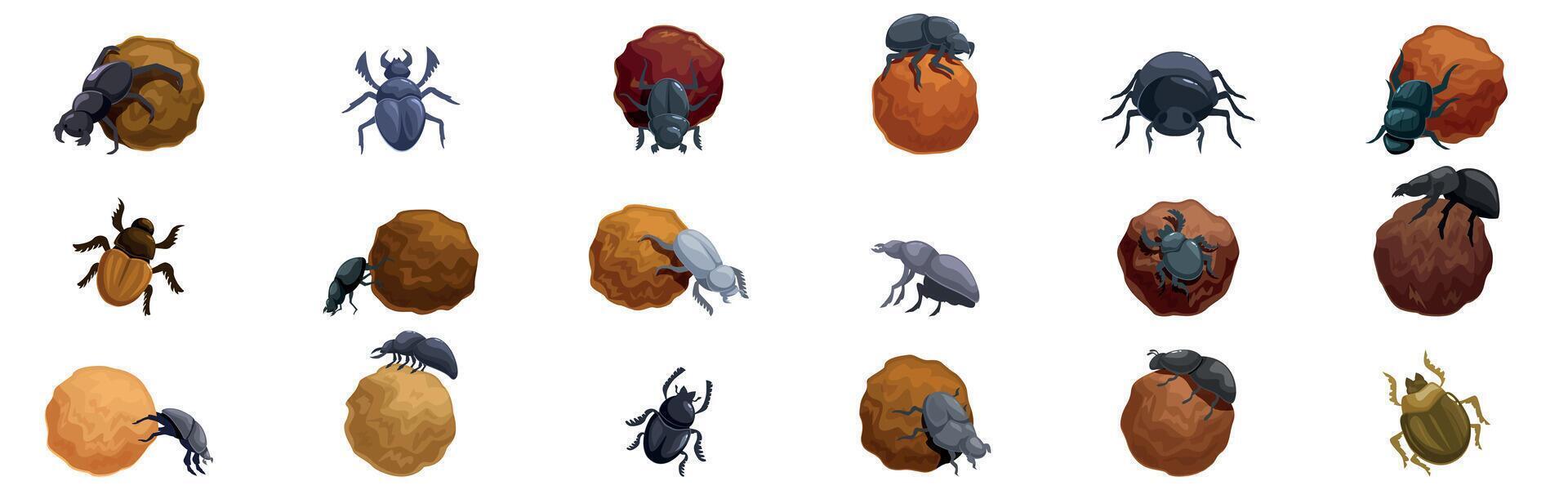Dung beetle icons set. Dung beetles rolling and pushing balls of dung vector