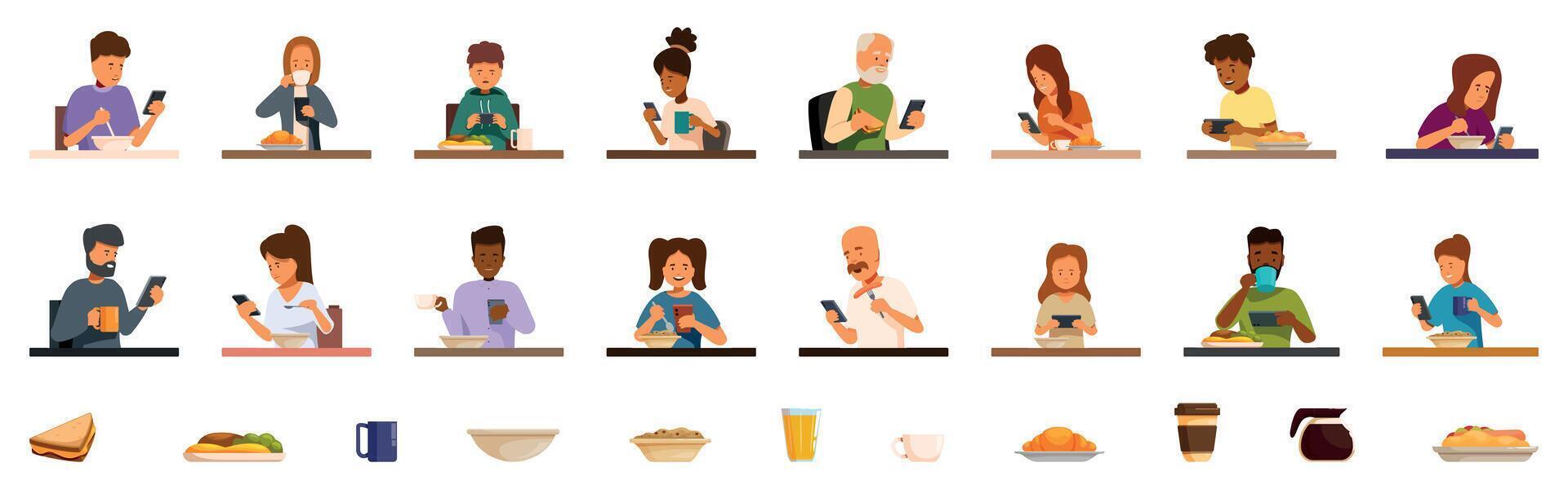 Breakfast smartphone icons set. People having breakfast and using smartphones at the same time vector