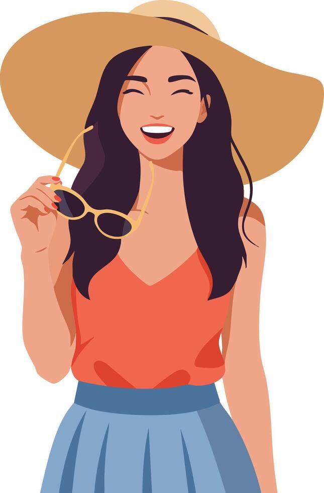 Smiling woman wearing wide brim hat holding sunglasses in casual summer outfit illustration vector
