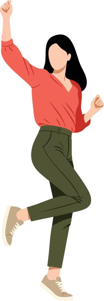 Woman in red blouse and green pants dancing joyfully with raised arms and bent knee illustration vector