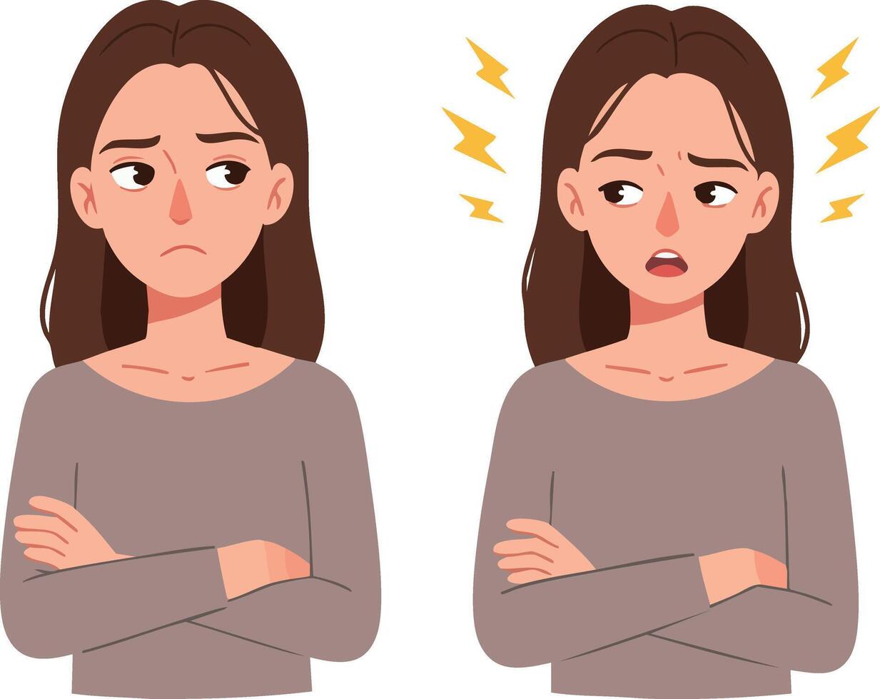 Young woman showing confused and stressed emotions with crossed arms in casual grey outfit illustration vector