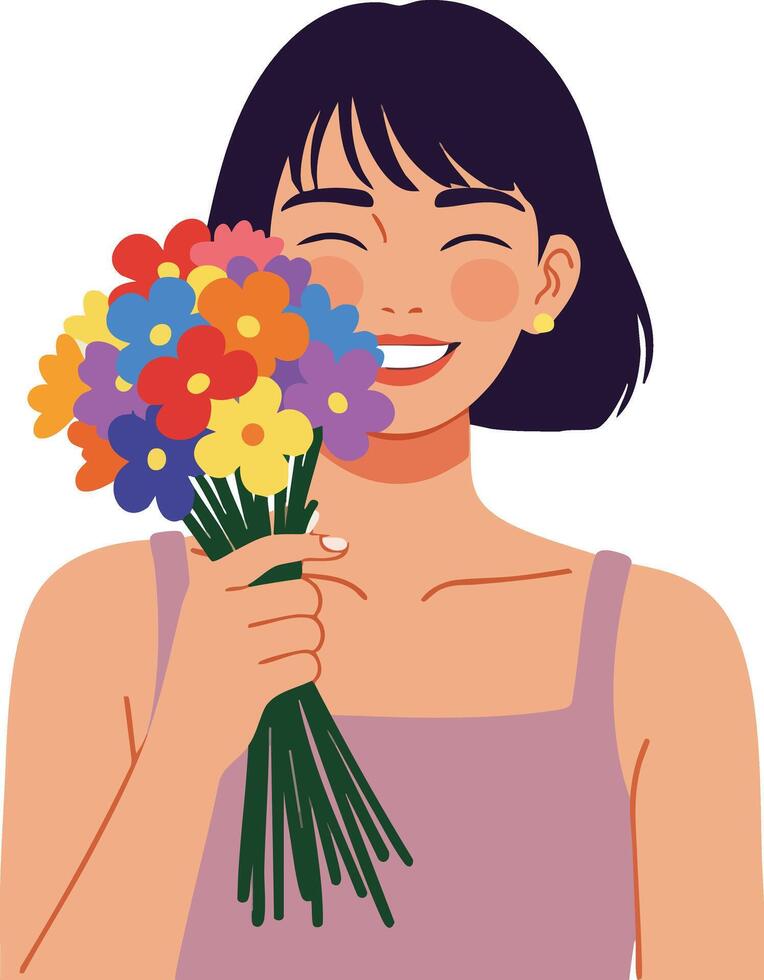 Woman smiling happily holding colorful bouquet of flowers in sleeveless top illustration vector