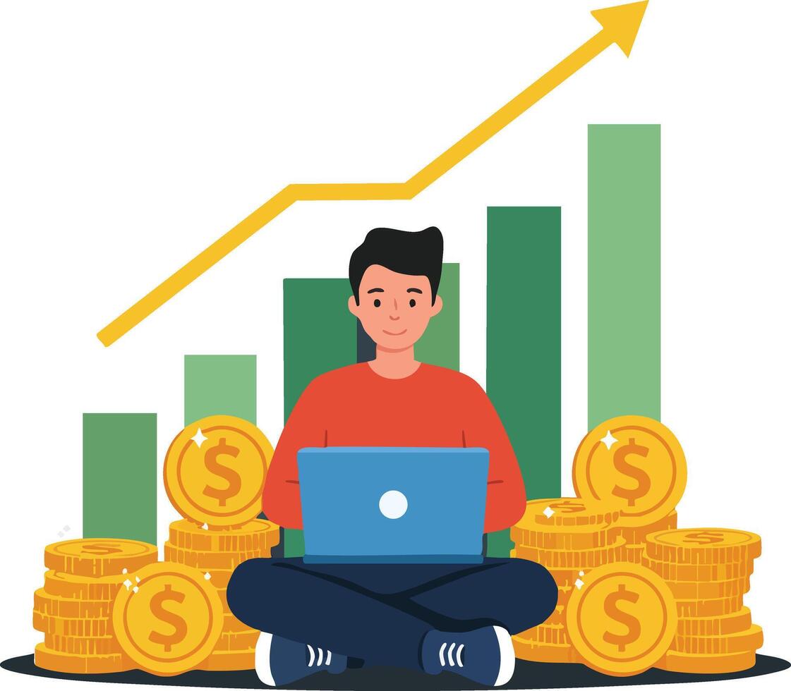 Man With Laptop Sitting Surrounded by Coins and Growing Business Bar Chart Illustration vector