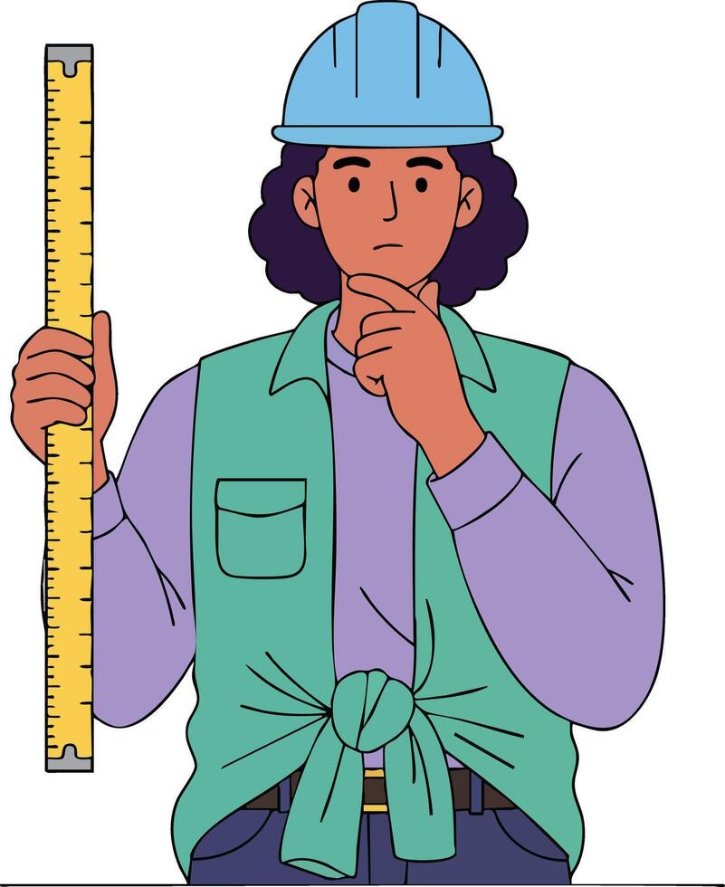 Female construction worker measuring with ruler wearing safety helmet and thoughtful expression vector