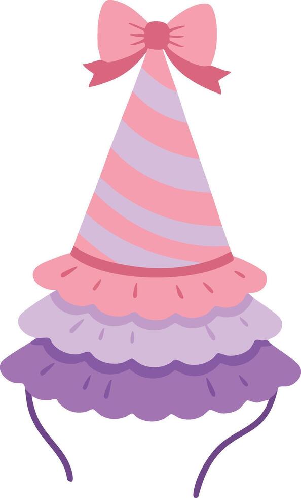 Party hat with pink bow and purple layered ruffles festive celebration accessory illustration vector