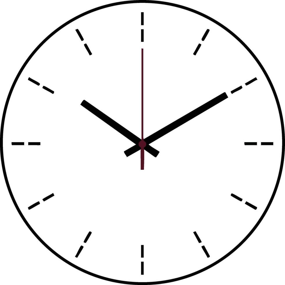 Minimalist round wall clock showing time with simple black hour and minute hands and thin second hand illustration vector