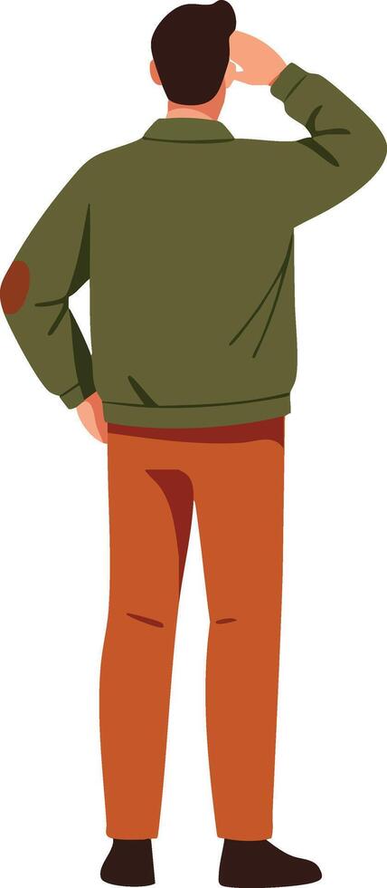 Man standing with hand on head wearing green jacket and brown pants illustration vector