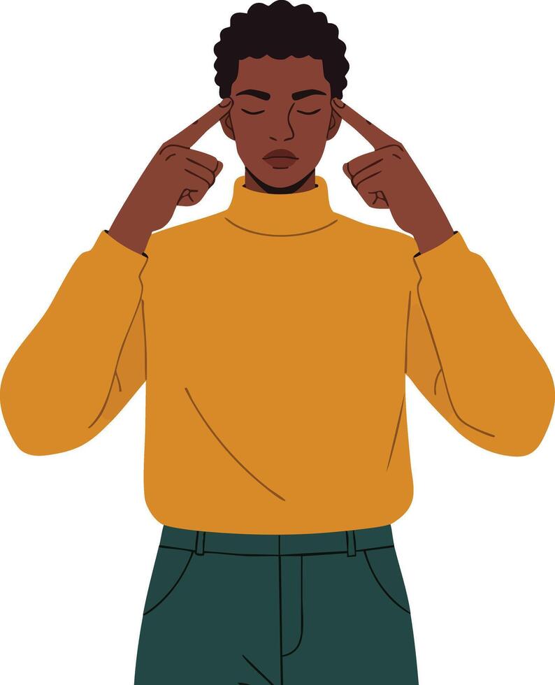 Young man concentrating with fingers on temples wearing mustard yellow sweater and green pants illustration vector