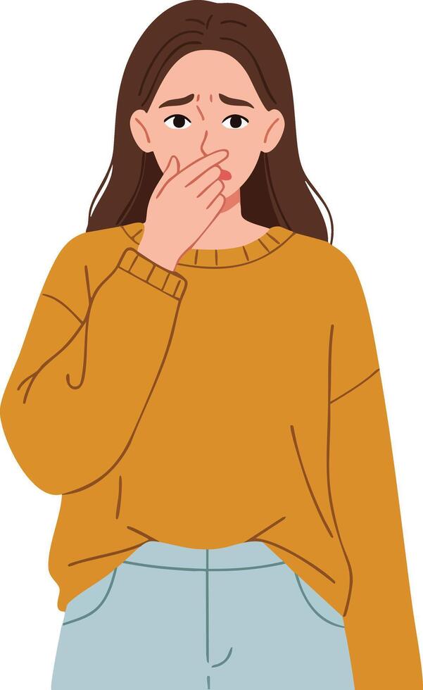 Woman covering mouth with hand feeling worried and anxious in casual clothing illustration vector