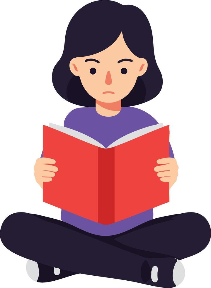 Girl sitting cross-legged reading red book focused on study and learning illustration vector