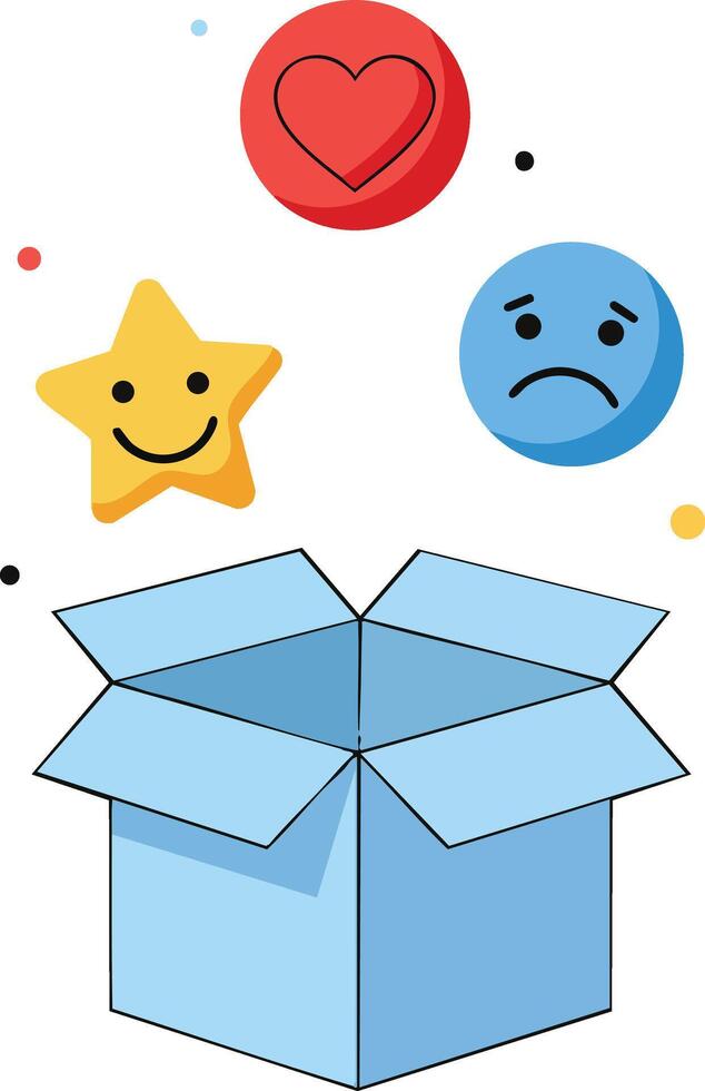 Blue open box with happy star sad and love reaction icons floating above illustration vector