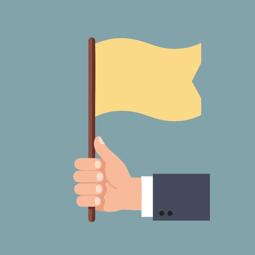 Hand holding waving yellow flag symbol of warning or attention in business concept illustration vector