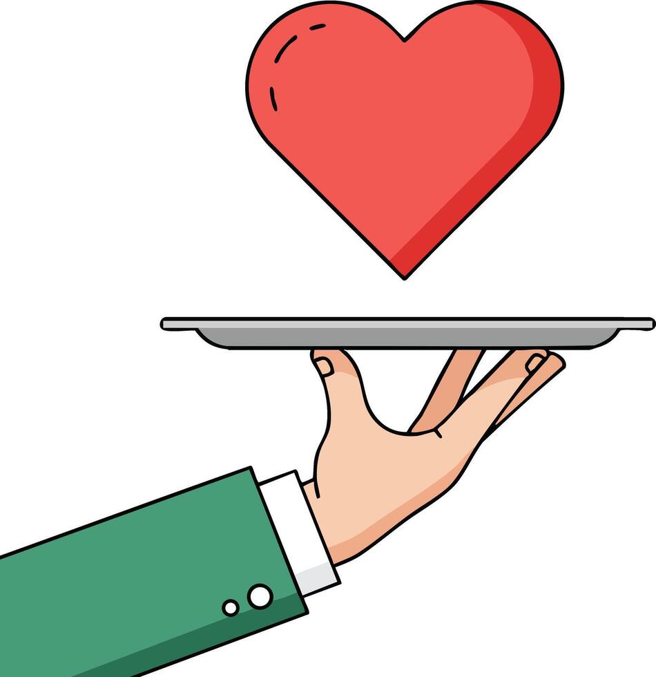 Hand holding tray with red heart symbol representing love and care concept in simple style illustration vector