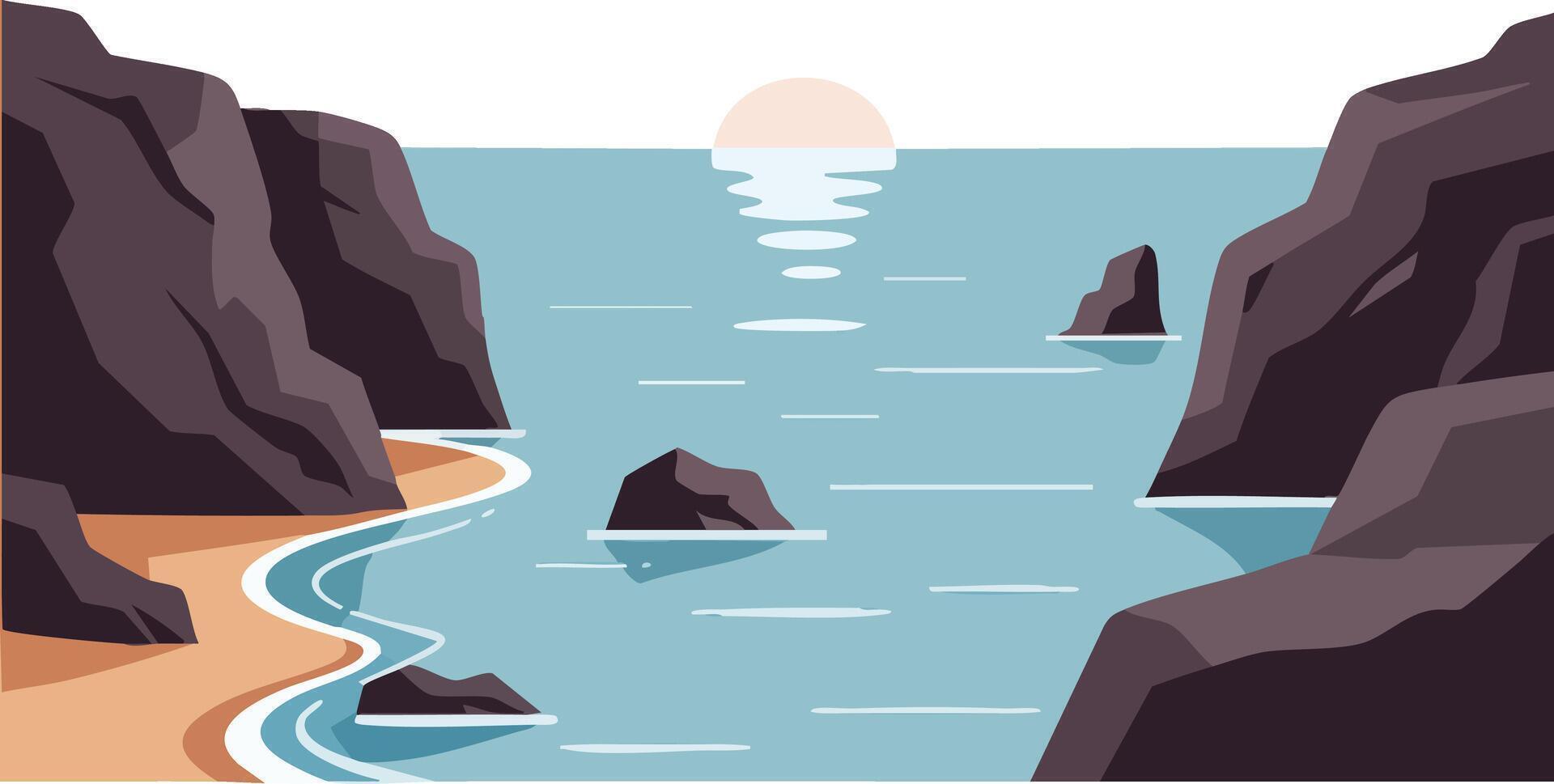 Rocky sea cliffs with calm ocean waves and setting sun over beach landscape illustration scenic natural view vector