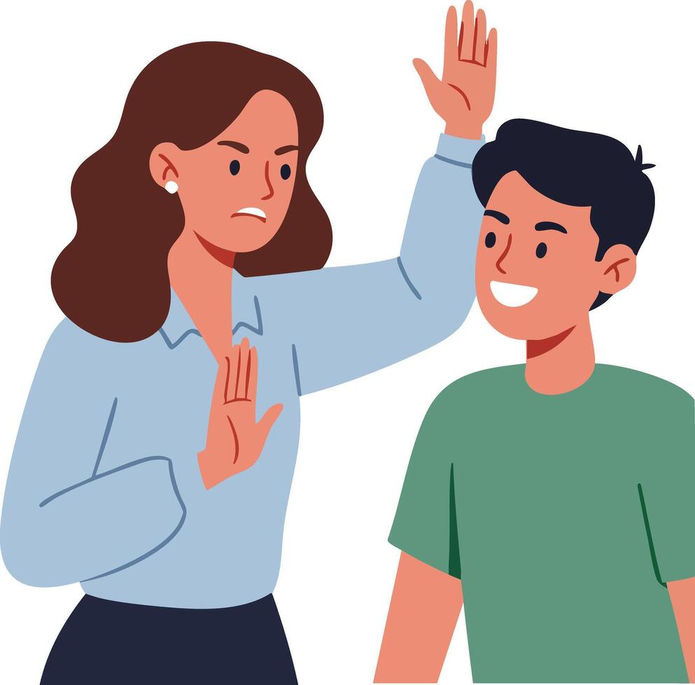 Woman showing disapproval gesture to smiling boy in casual clothes illustration vector