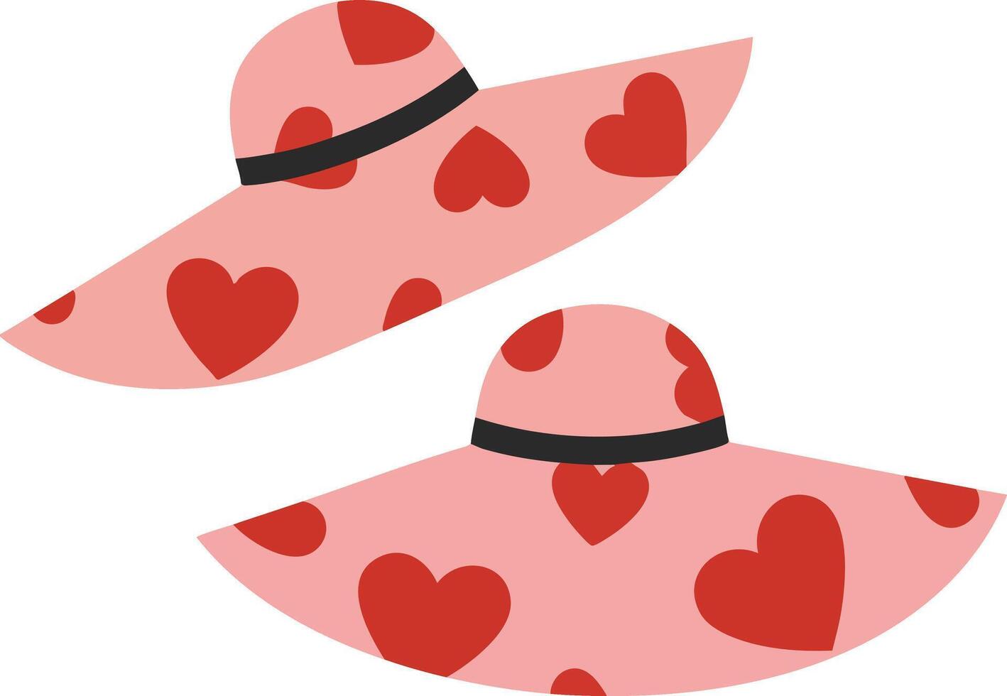 Pink wide brim hats with red heart patterns accessory for romantic occasions and summer fashion style vector