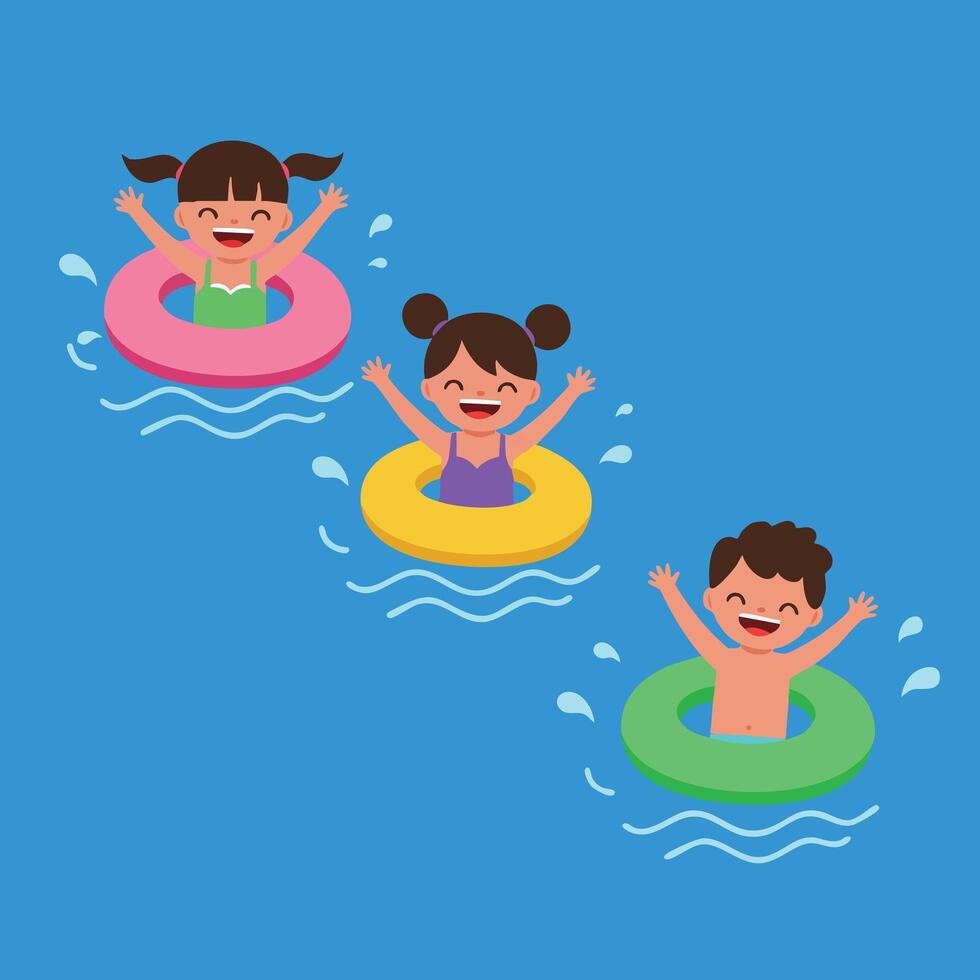 Children swimming and playing with colorful inflatable rings in blue water pool summer fun and joy illustration vector