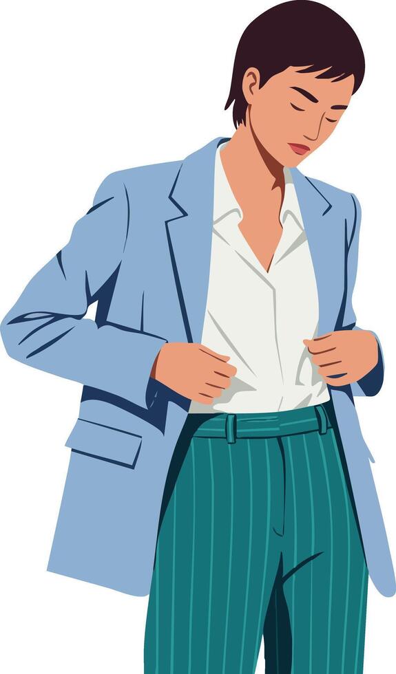Professional businesswoman adjusting blue blazer with striped green pants in casual office outfit illustration vector
