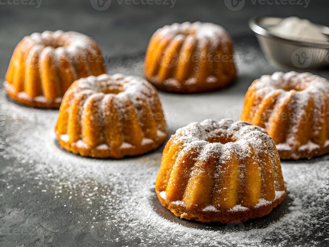 Elegant Mini Bundt Cakes with Powdered Sugar. Delicious food background photo