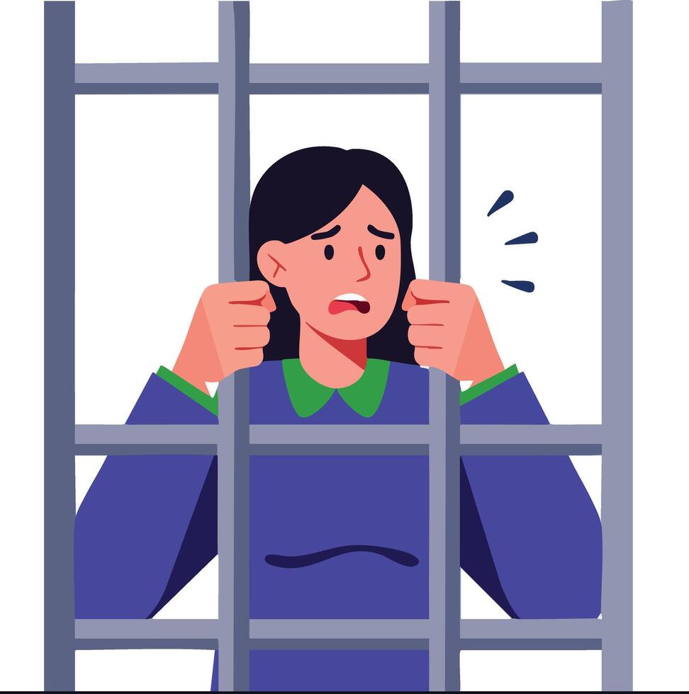 Woman behind prison bars feeling distressed and anxious in dark blue clothing illustration vector