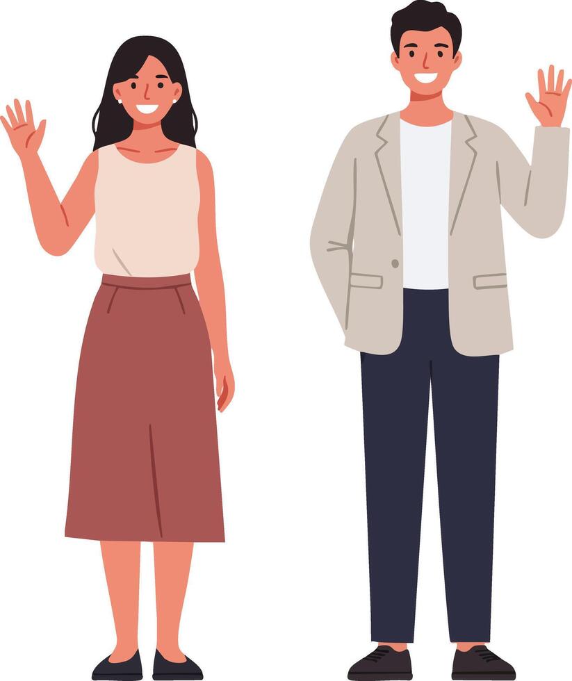 Young man and woman standing waving hand friendly gesture casual clothing illustration vector