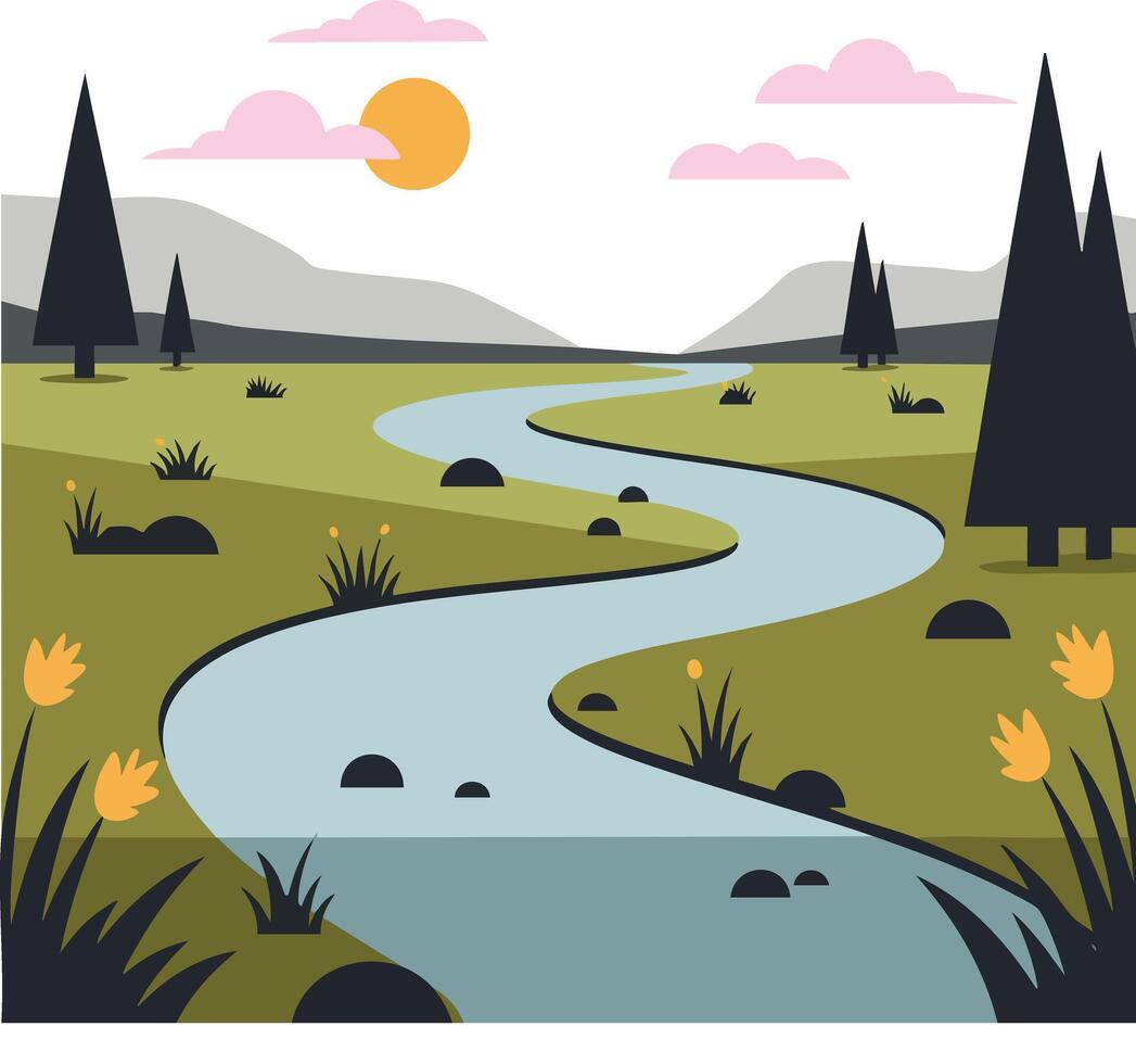 Winding river flowing through green grassland with pine trees under orange sun and pink clouds illustration vector