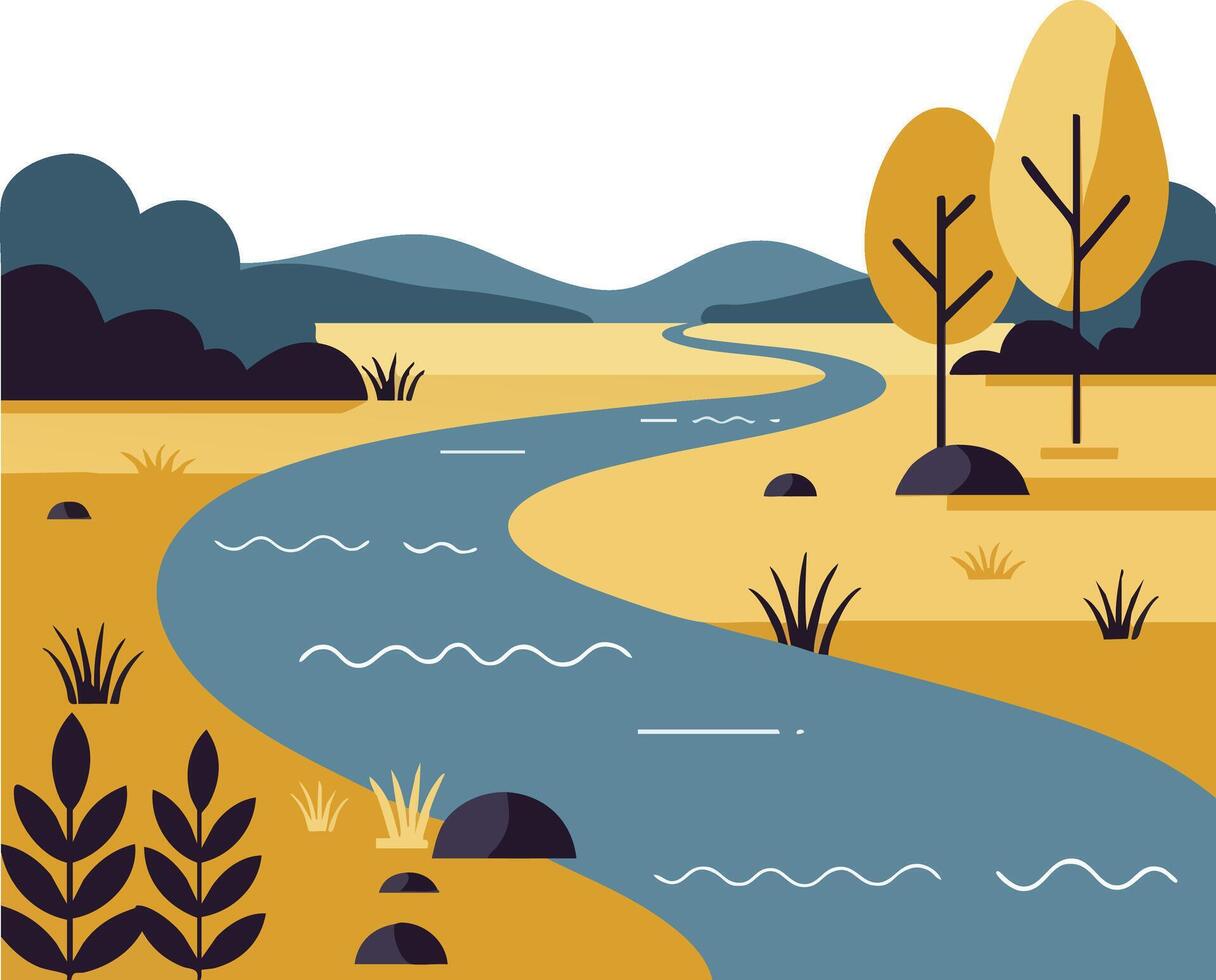 Curved river flowing through autumn landscape with yellow trees and distant hills natural scenery illustration vector